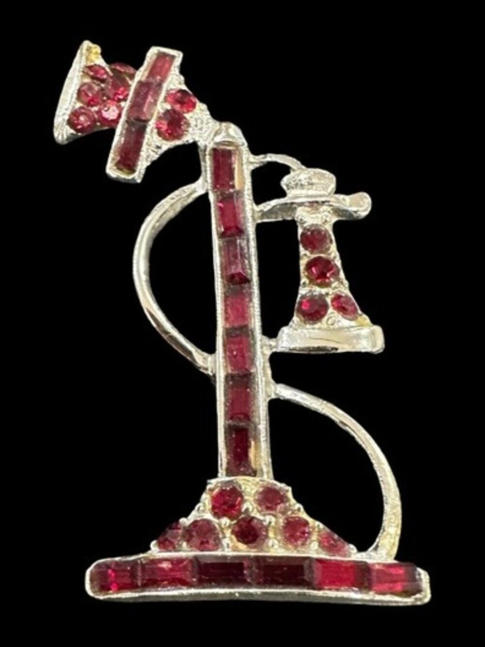 Antique Telephone Brooch Silver Tone with Red Rhinestone Inlay Unsigned